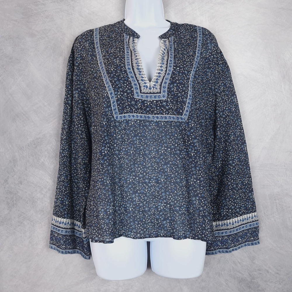 Veronica Beard Tunic Top Womens 8 Blue Floral Border Boho V Neck Long Sleeve